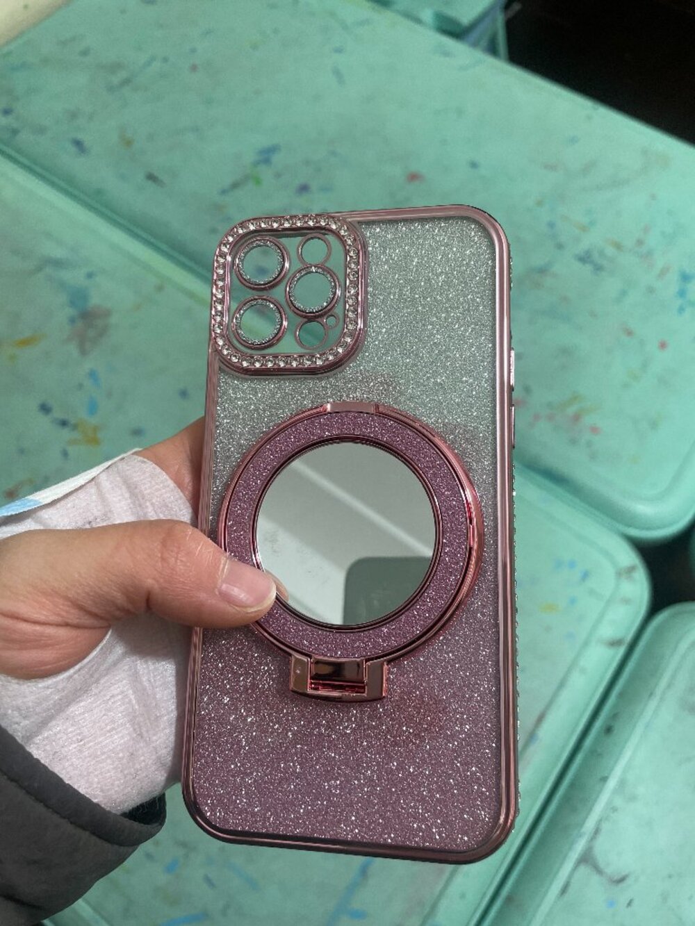 Glam Pink Glitter Case w/ Mirror Stand